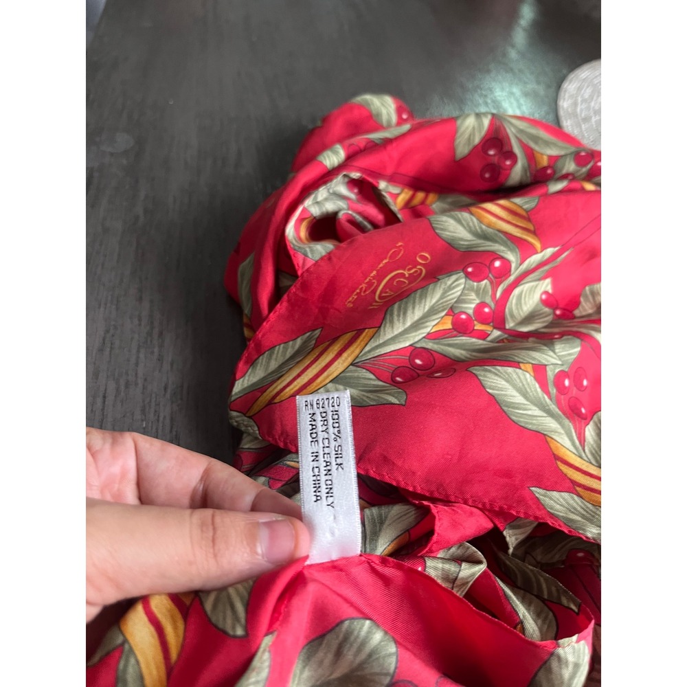 Oscar de la Renta Silk Scarf Red Cherry Botanical Print Square Hand Rolled Edge - Picture 5 of 6